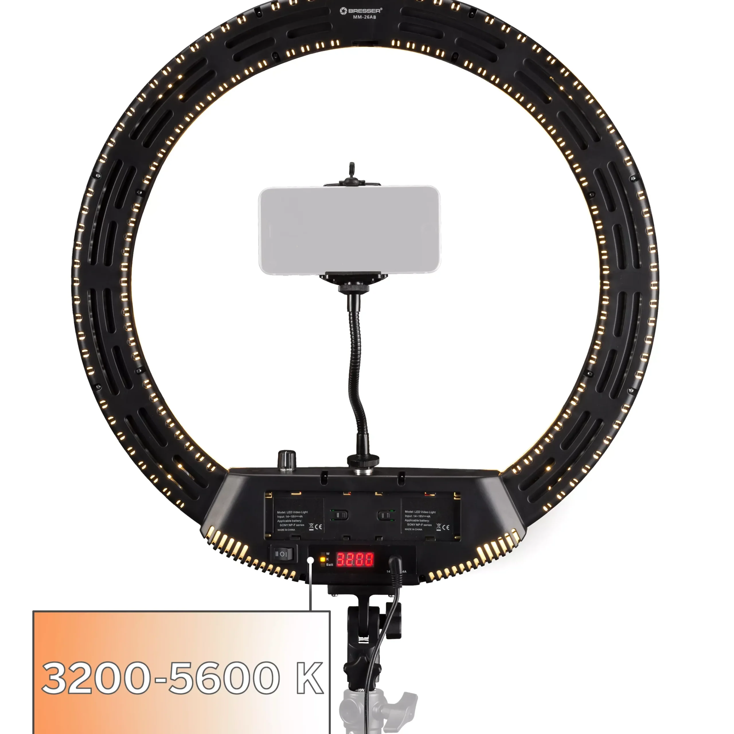 MM-26AB Bi-Color LED Ringlicht 48W dimmbar mit Smartphonehalter und Fernauslöser>Bresser Store
