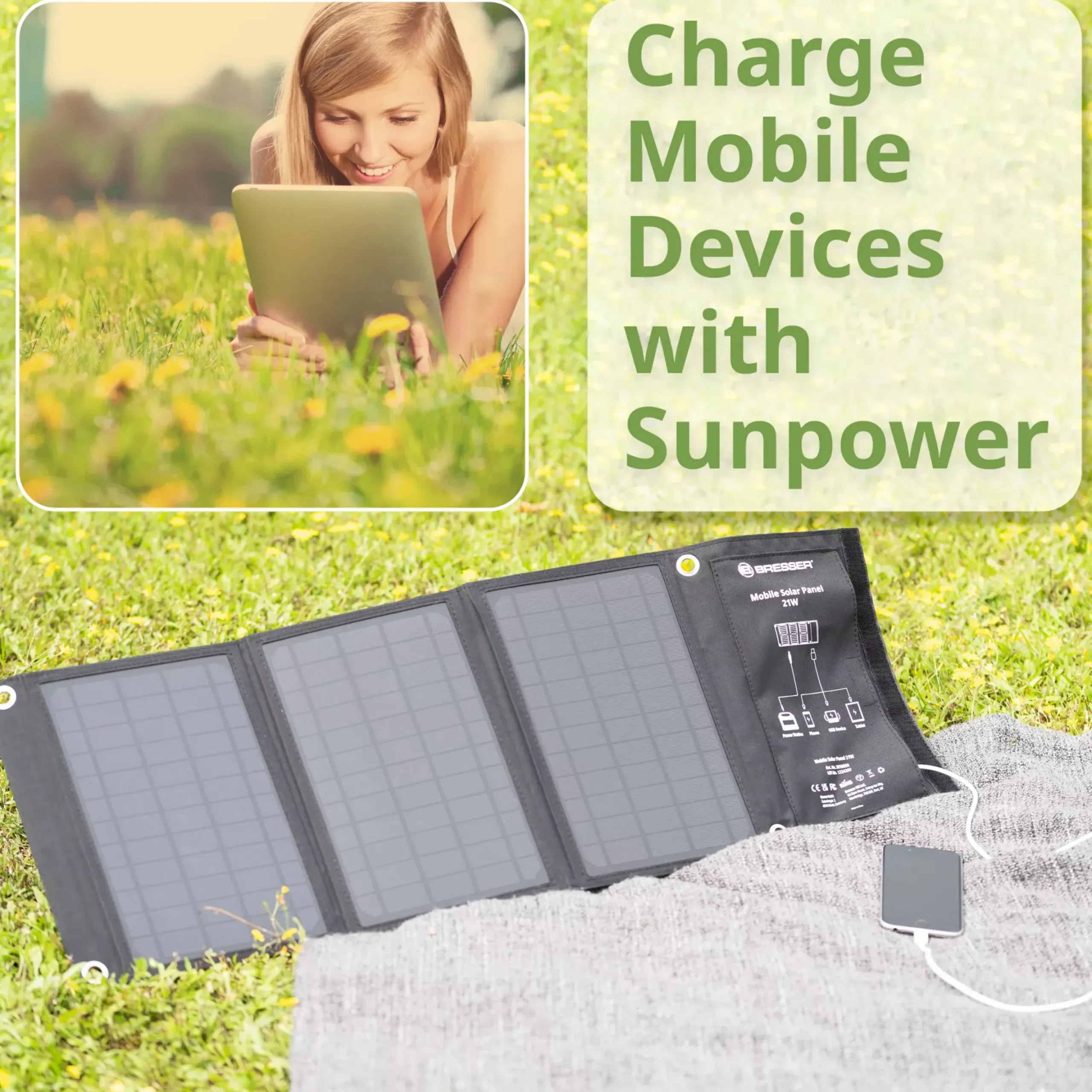 Mobiles Solar-Ladegerät 21 Watt mit USB- u. DC-Anschluss>Bresser Shop