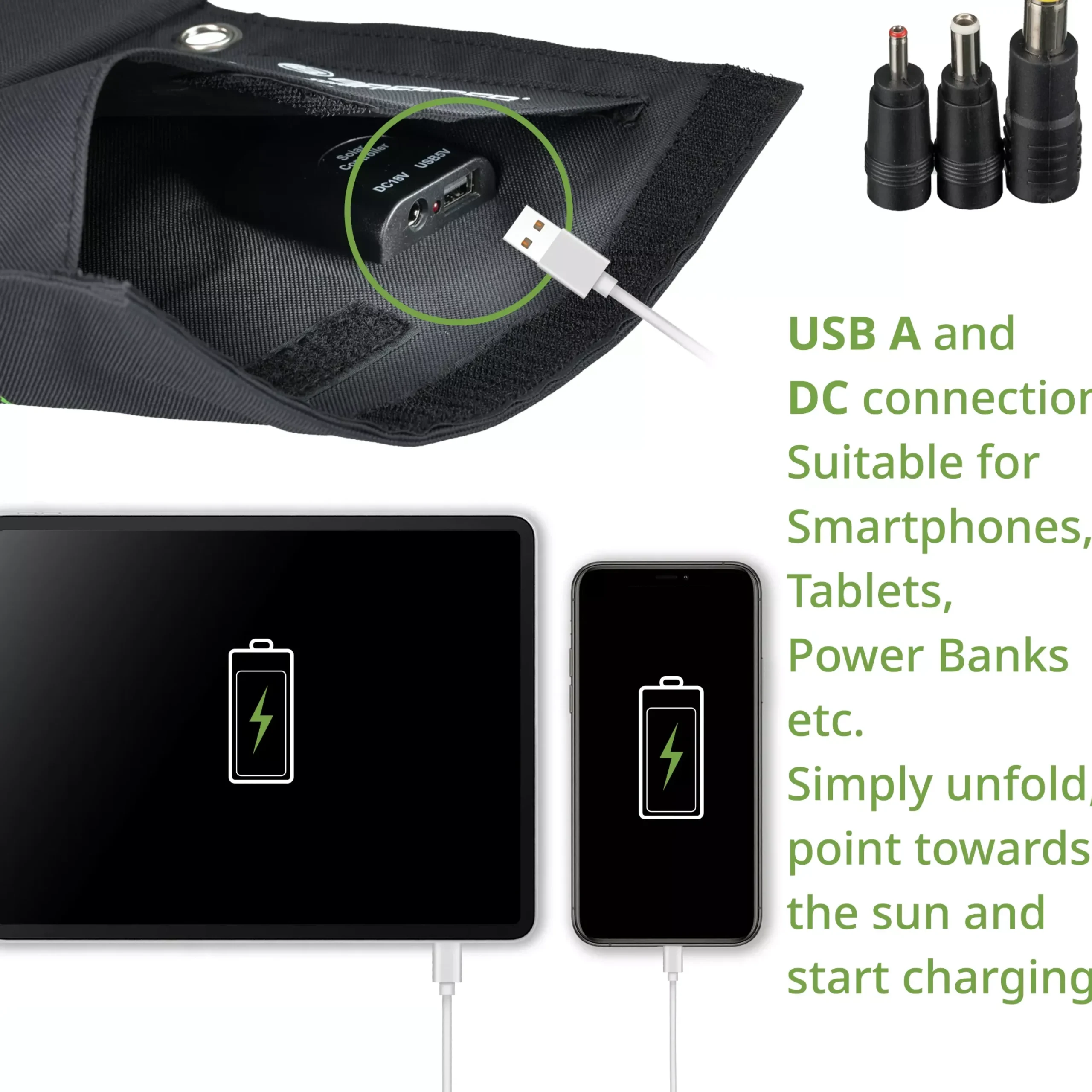 Mobiles Solar-Ladegerät 21 Watt mit USB- u. DC-Anschluss>Bresser Shop